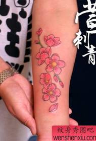 Mergaitės rankos spalvos vyšnių žiedų tatuiruotės modelis