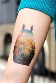 Vajzë e pikturuar në krahun e materialit bimor siluetë totoro foto tatuazh