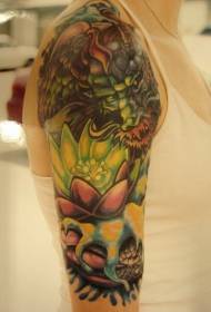 Arm Painted Lotus with Asian Dragon Tattoo Pattern
