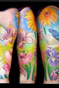 Blommatatueringsmönster: Armfärg solrosblomma 7 stjärna nyckelpiga fjärils tatueringsmönster