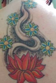 Patrón de tatuaje de loto rojo y flor azul en la espalda