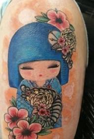 Boy's arm on painted plant flowers and doll tattoo pictures