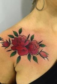 Girl shoulder painted plant leaves and literary flower tattoo pictures