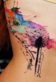 Vita laterale della ragazza sulla linea nera immagine del tatuaggio del dente di leone dell'inchiostro della spruzzata dell'acquerello
