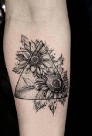 黒い線の女の子の腕スケッチ幾何学的要素美しい菊のタトゥー画像