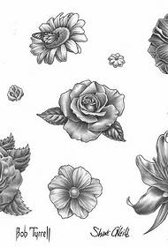 Pola sketsa hitam dan putih: pola tato bunga matahari mawar lily