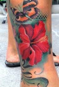 Leg color tropical hibiscus tattoo pattern