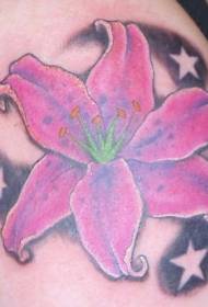 Flor de lírio rosa cor de perna com padrão de tatuagem de estrelas