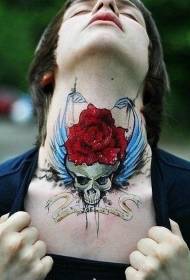 Λαιμός όμορφο κόκκινο τριαντάφυλλο φτερά μοτίβο τατουάζ κρανίο