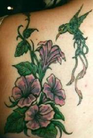 Modello del tatuaggio del colibrì della pianta del fiore di colore della spalla