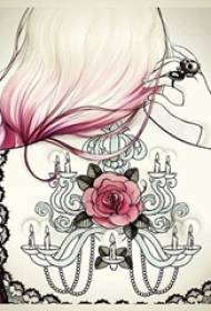 Manoscritto creativo del tatuaggio del fiore del fiore di schizzo nero posteriore della ragazza