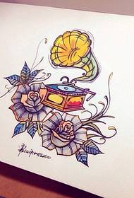 Stylish nice color gramophone rose tattoo manuscript picture