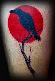 Raven with tree branches with red sun tattoo pattern