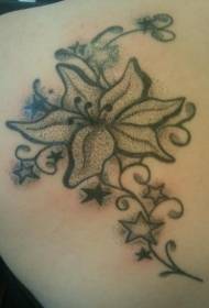 Zvijezda ljiljana s cvijetom i vinovom lozom ubodna je crno sivi uzorak tetovaže