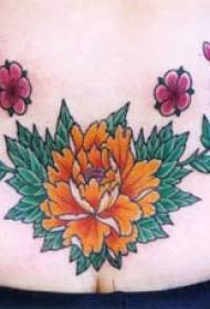 Modello di tatuaggio floreale di colore posteriore femminile