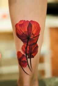 腿上的現實紅色罌粟花紋身圖案