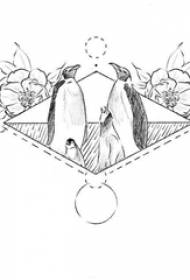 Linee nere creativi bellissimi manoscritti tatuaggio pinguino famiglia e fiore