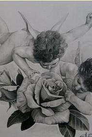 Foto modello piccolo angelo cupido rosa tatuaggio manoscritto