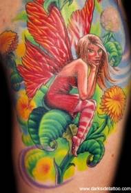 Elfe rouge assise sur un motif de tatouage de pissenlit