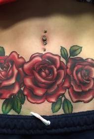 Female belly colored red rose tattoo pattern