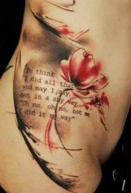 Flores rojas de color tinta en el lado de la cintura con patrón de tatuaje de letras