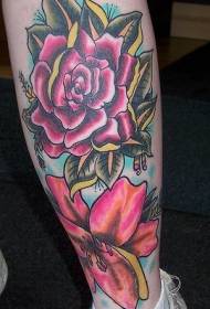 Foto di tatuaggi di gigli e rose color gamba