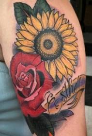 लड़की की बांह पर अंग्रेजी और पौधा गुलाब और सूरजमुखी के फूल टैटू चित्र चित्रित हैं