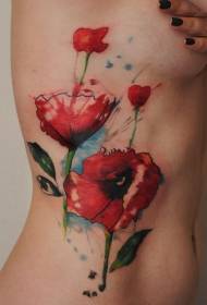 Pàtran tatù poppies dath uisge taobh waist boireann