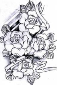 Սև ուրվագիծ քորելու տեխնիկա գեղեցիկ վարդի ծաղիկների դաջվածքի ձեռագիր