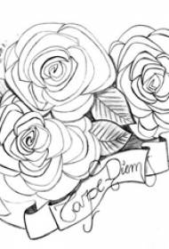 Skica e linjës së zezë grup i bukur i luleve dhe trupi i luleve tatuazh anglisht dorëshkrim