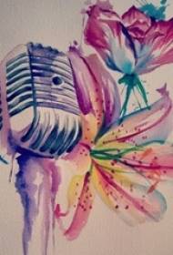 Dažytos akvarelės purslų gražių gėlių ir tatuiruotės mikrofono rankraštis