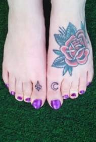 Painted watercolor sketch on the girl's foot, creative beautiful rose tattoo picture