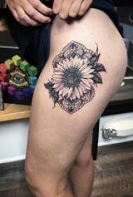 Girl's thighs on black and gray thorns simple lines lace and flowers tattoo pictures