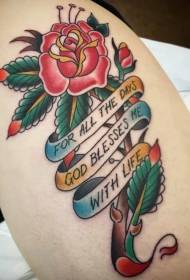 Gamba rosa rossa tradizionale vecchia scuola con tatuaggio lettera banner