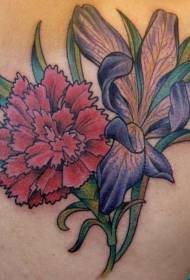 Neilikka ja siniset kukat tatuointi kuvio