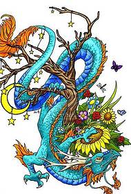 Ilus traditsioonilise sinise draakoni tätoveeringu käsikiri