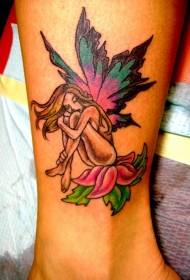 Різнокольорові візерунок татуювання ельфа і квітки на щиколотці