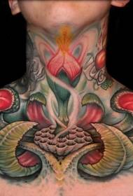 Sajátos színes fantasy virág tetoválás minta a nyakon