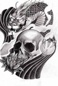 काले ग्रे स्केच रचनात्मक खोपड़ी फूल और ड्रैगन कुलदेवता टैटू टैटू पांडुलिपि
