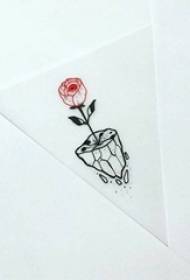 黑線幾何元素紅玫瑰盆栽紋身手稿