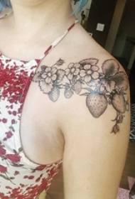 Girl shoulders black line sketch beautiful flowers and strawberry tattoo pictures
