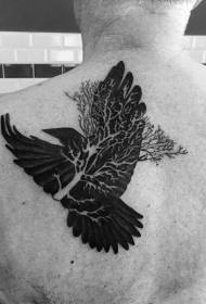 Back illustration style black crow with twig tattoo pattern