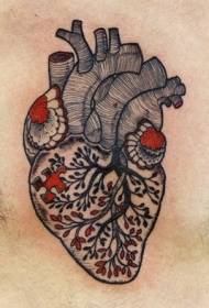 Melnā un sarkanā koka sirds tetovējuma raksts