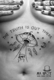 لڑکی کے سینے میں سیاہ سادہ ہندسی لائنیں انگریزی سیارے اور UFO ٹیٹو تصاویر