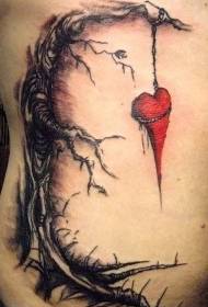 עץ שחור ודוגמת קעקוע צלעות בצלעות בצבע לב אדום