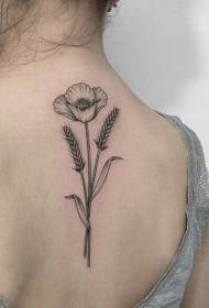 Girl back pale black poppies and wheat tattoo pattern