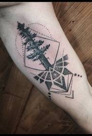 大臂雕刻风格几何符号树黑色点刺纹身图案