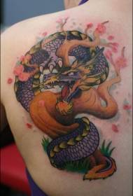 Dragón de fantasía de estilo de ilustración posterior con patrón de tatuaje de árbol floreciente