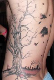 Vidukļa pusē melns pelēks biedējošu mirušu koku tetovējums