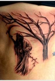 Black Death Scythe and Tree Side Tab Tattoo Model